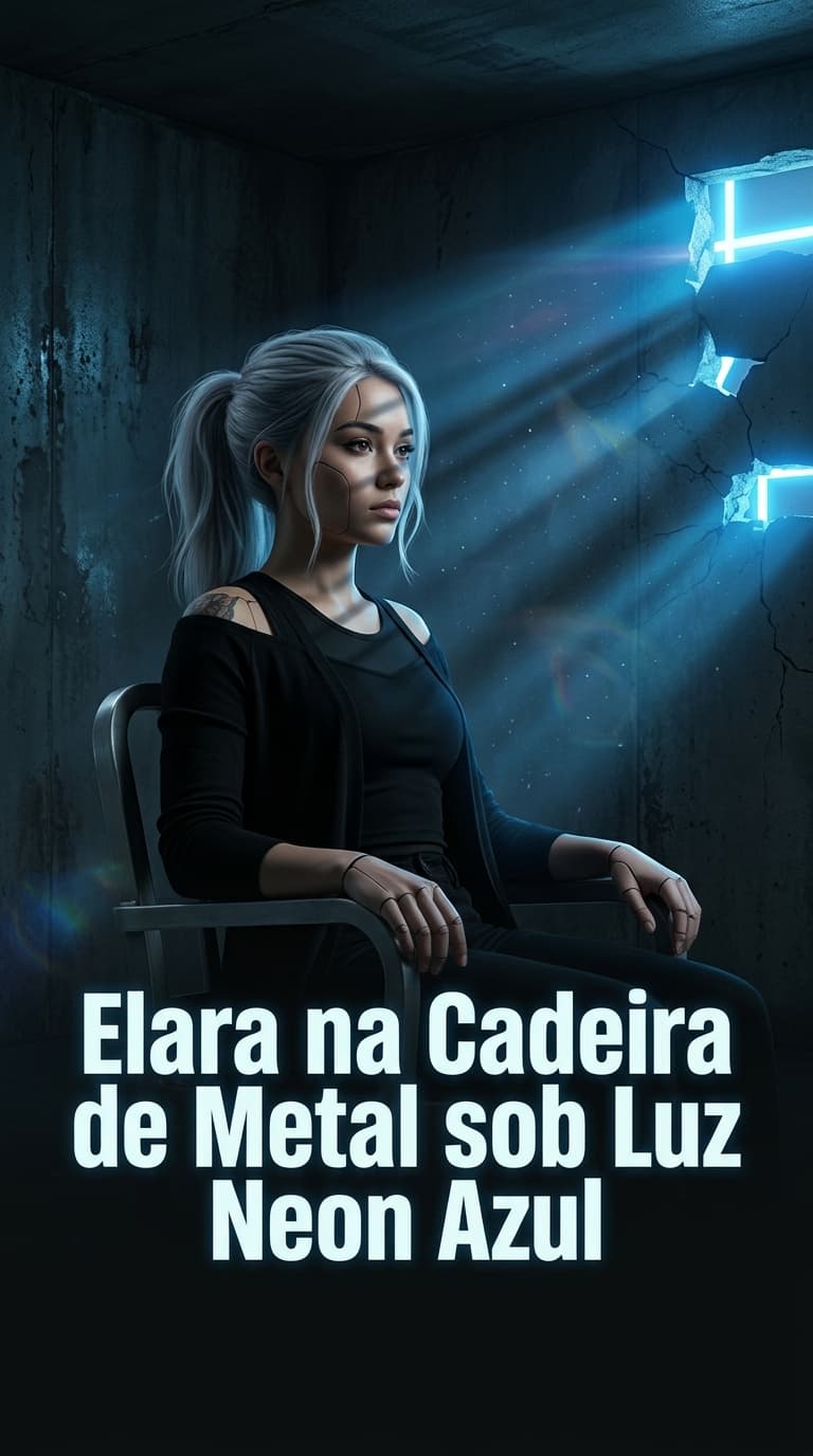 Elara na Cadeira de Metal sob Luz Neon Azul